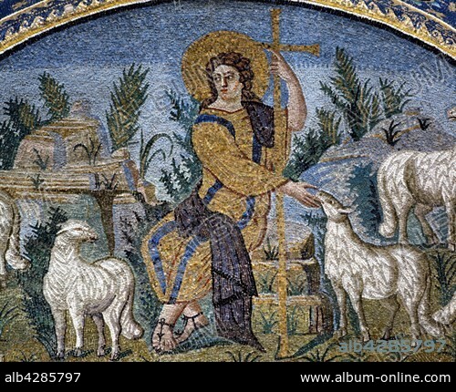 Mosaic of the Mausoleum of Galla Placidia in Ravenna, Italy.. Lunette of the Christ as the Good Shepherd. Detail of the central part of the mosaic.. 5th century. The Mausoleum of Galla Placidia was built around 430 (early Christian times).. The construction of the Roman catholic funeral monument and Byzantine style was decided by Empress Galla Placidia.