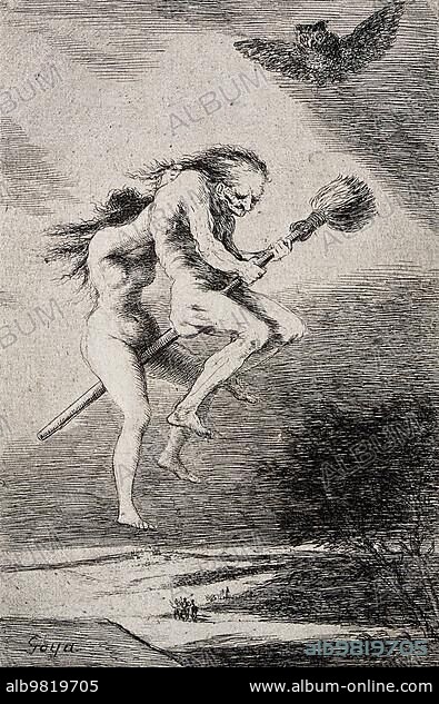 Two naked witches riding on a broomstick; accompanied by an owl; Historical; digitally restored reproduction from an 18th or 19th century original.