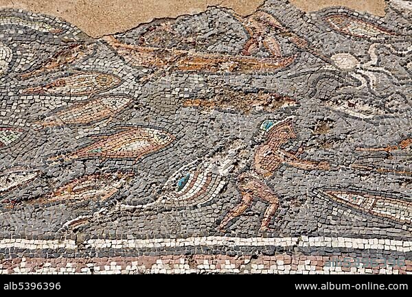 Ancient Roman fountain, 4th century, mosaic fish, boats and marine life, detail, Hersonissos, LimÃ­n Chersonisou, Crete, Greece, Europe.