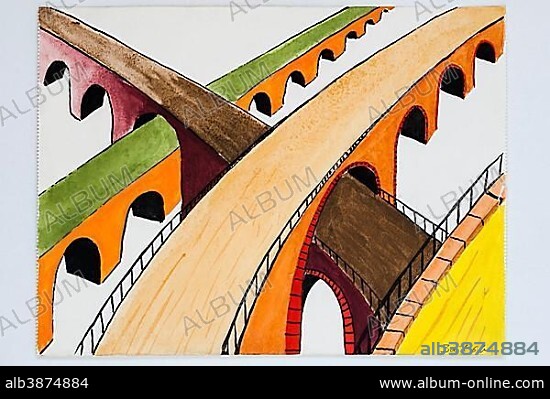 Arch bridges, drawing, children's drawing, 12 years, Germany, Europe.
