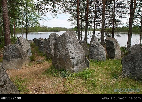 Stone tank traps from the Second World War, near Kuhmo, Finland, Europe.