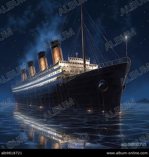 Journey of the Titanic in the Atlantic on a starry night and calm sea; AI generated.