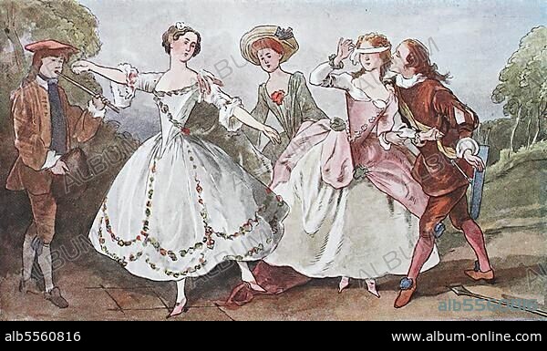 Mode, Kleidung, Kostüme in Frankreich, Kleidung im Rokoko-Stil in einem Tanz von 1725, Tänzerin Camargo nach einem Gemälde von Nicilas Lancret aus dem Jahr 1740, digitale verbesserte Reproduktion nach einem Original aus dem Jahr 1900.