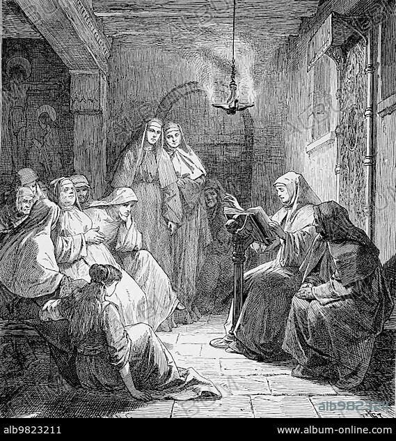 Hrotsvitha of Gandersheim; 935; 1002; was a 10th century German secular canoness; playwright and poet who lived in the Gandersheim Monastery in present-day Bad Gandersheim; here she reads her legends; Historical; digitally restored reproduction from a 19th century original.