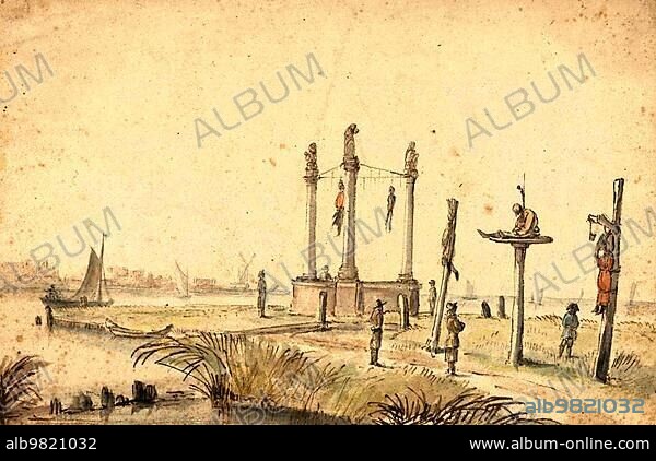 Gallows Field with Hanged Men on the Edge of Volewijk in Holland; c. 1650; Historic; digitally restored reproduction from a 19th century original.