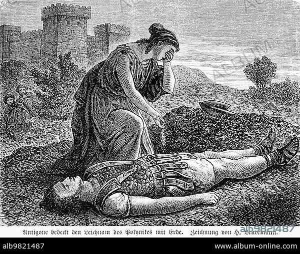 Antigone covers the body of Polynices with earth; Greek mythology; landscape; castle; mountains; mourning; death; spade; important woman; history; historical illustration 1894.