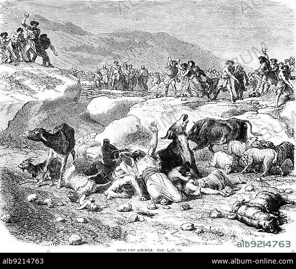 Achen is stoned, stoning, punishment, death, dying, cattle, sheep, cruel, throwing stones, mountains, many people, Bible, Old Testament, The Book of Joshua, chapter 7, verse 25, historical illustration around 1850, Middle East.