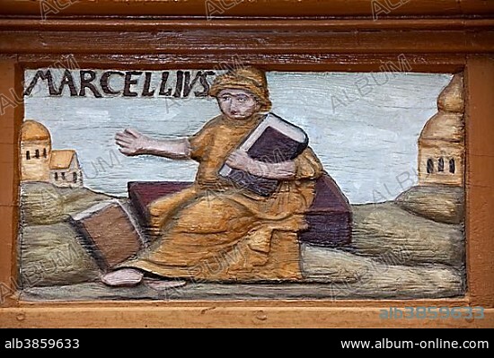 Ammianus Marcellinus, 330 - 400, a Roman historian, wood carving, Alte Lateinschule Alfeld building, Alfeld, Lower Saxony, Germany, Europe.