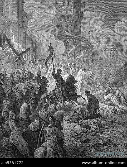Entry of Crusaders at Constantinople, fourth crusade, 1885, historical woodprint, England.