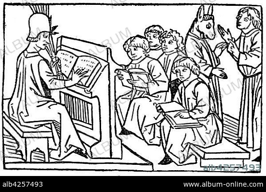 Teacher and pupil, In the background stands a student with an attached donkey head, from mirror of human life, 1479, woodcut, Germany, Europe.