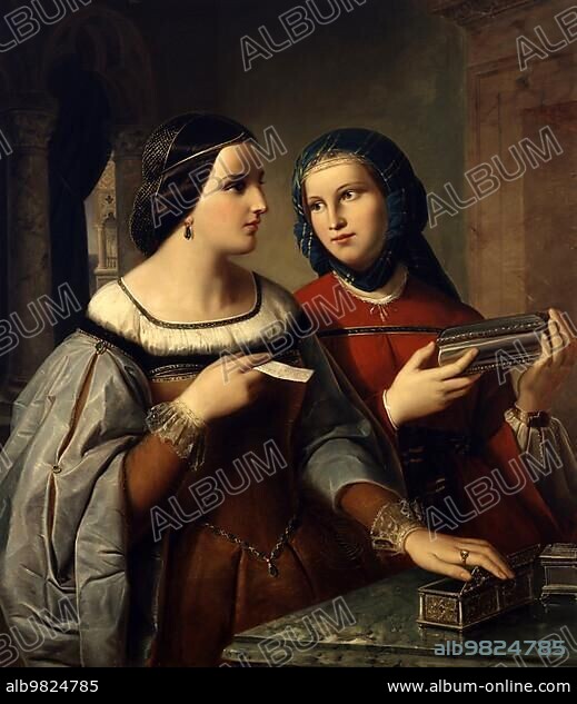 Portia and Nerissa; woman from William Shakespeare's comedy The Merchant of Venice; painting by Friedrich Brockmann; c. 1848; Historic; digitally restored reproduction from a 19th century original.
