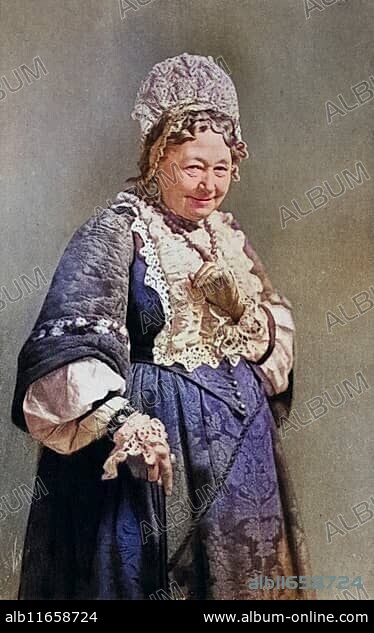 Fanny Stirling (1813-1895), English actress in one of her famous comedy roles, the Nurse, in the tragedy Romeo and Juliet by William Shakespeare, Historical, digitally restored reproduction from a 19th century master, Record date not stated.