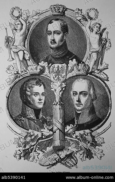 The Holy Alliance of 26.09.1815: Emperor Alexander of Russia, King Frederick William of Prussia, Emperor Francis of Austria, woodcut from 1880.