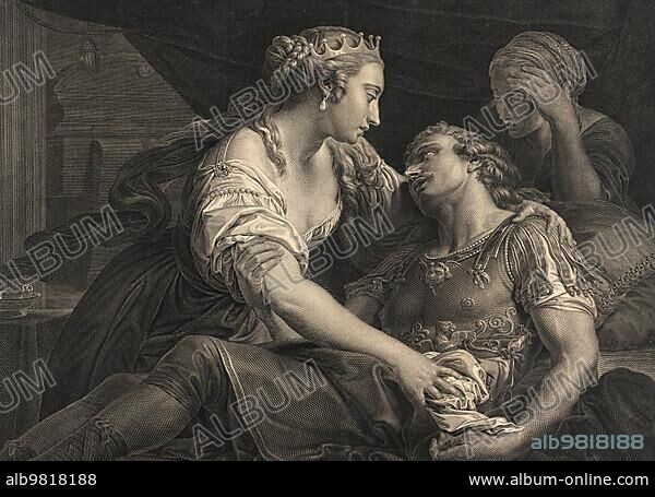 The Death of Marcus Antonius with Cleopatra; Pharaohess Cleopatra VII born 69 BC; died 12 August 30 BC; ruled Egypt as the last queen of the Macedonian-Greek dynasty of the Ptolemies from 51 BC to 30 BC; Marcus Antonius; was a Roman politician and general; Historical; digitally restored reproduction from an original of the period.