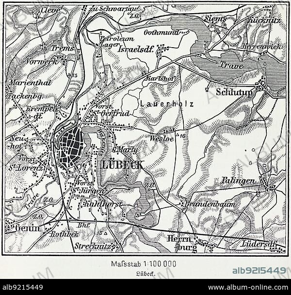 City map of Lübeck, Hanseatic city, Schleswig-Holstein, Germany, Trave, Baltic Sea, districts, Schlutup, St. Lorenz, map, cartography, railway lines, surrounding area, historical illustration 19th century, Europe.