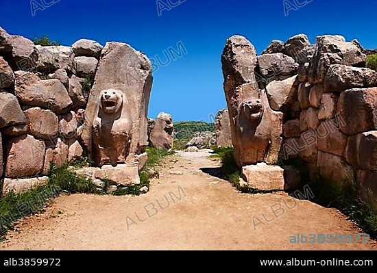 Hittite relief sculpture on the Lion gate to the Hittite capital, Hattusa, Turkey, Asia.