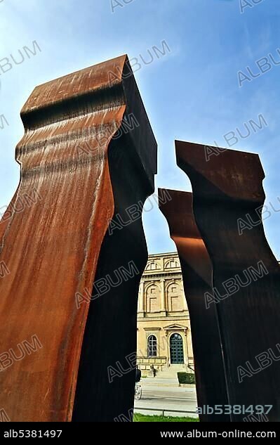Art by Eduardo Chillida, Buscando la Luz, in front of the Pinakothek der Moderne museum, Munich, Bavaria, Germany, Europe.