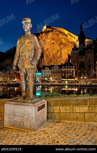 DINANT, BELIGUM, MAY 30, 2018: Bronze statue of Charles de Gaulle near the bridge where he was wounded in battle of Dinant in World War I.