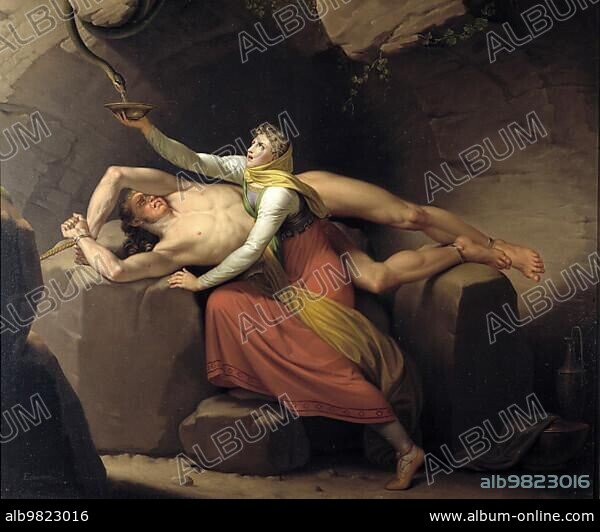 Loki; a figure from Norse mythology; and Sigyn; a goddess from Norse mythology; after a painting by Christoffer Wilhelm Eckersberg (2 January 1783) (22 July 1853); Historical; digitally restored reproduction from a 19th century original.