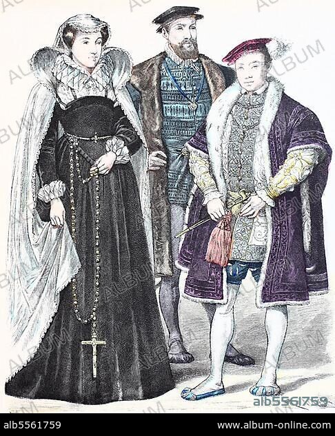 Folk traditional costume, clothing, history of costumes, Mary of Scotland, Earl Douglas of Angus, Edward VI England, 16th century, digitally restored reproduction of a 19th century original, exact date unknown.