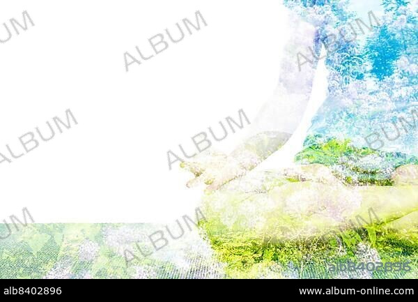 Nature harmony healthy lifestyle concept. Double exposure image of woman doing yoga asana Padmasana Lotus pose cross legged position for meditation with Chin Mudra, gesture of consciousness.