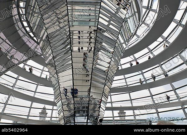 Interior view of the spiral walkway of the glass dome of the Reichstag building in Berlin, Germany, Europe.