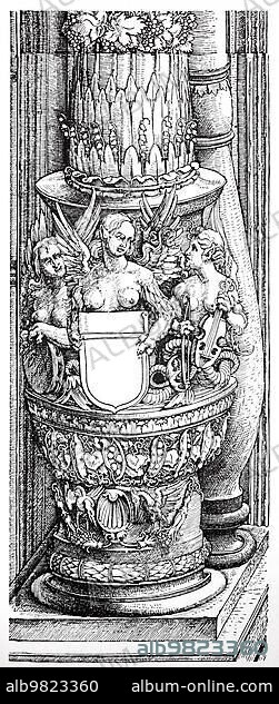 The triumphal arch for the Emperor Maximilian; base of the right-hand middle column; woodcut by Albrecht Dürer; historical; digitally improved reproduction of an old woodcut; The triumphal arch for the Emperor Maximilian; base of the right-hand middle column; woodcut by Albrecht Dürer; historical; digitally improved reproduction of an old woodcut.