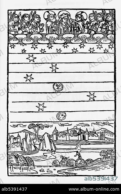 Heaven, firmament and earth, wood carving from medieval times.