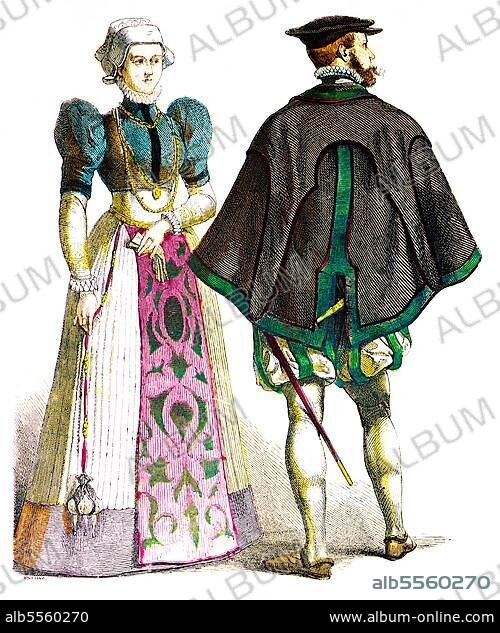 Münchener Bilderbogen, Costumes, Late 16th century, German traditional costume, Germany, man, sword, woman, jewellery, elegant, robe, portrait, historical illustration 1890, Europe.