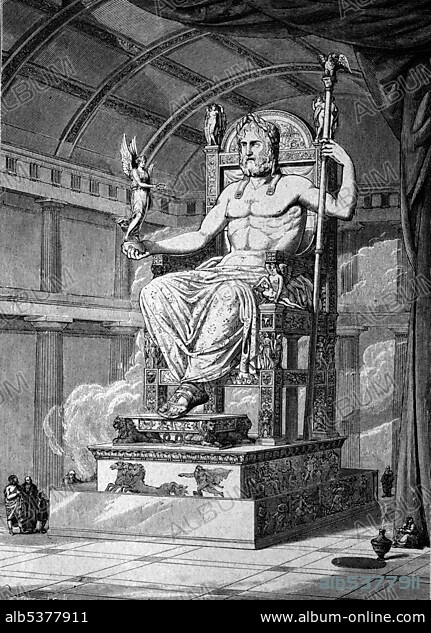 The Statue of Olympian Zeus by Phidias zu Olympia, 456 B.C., one of the seven wonders of the ancient world, historical illustration, circa 1886.