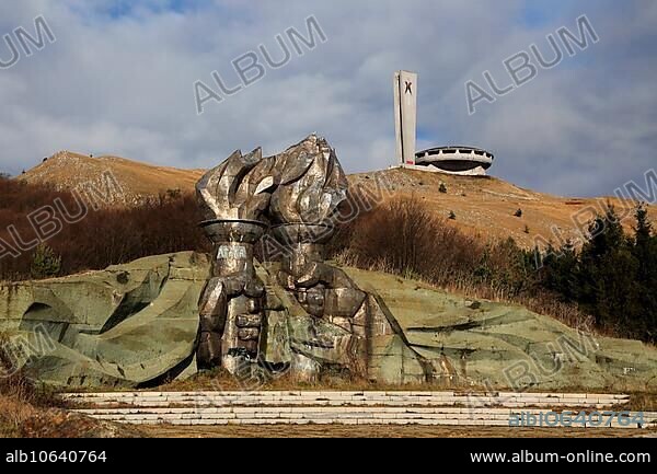 Burning torch sculpture Buzludzha monument former communist party headquarters, Bulgaria, eastern Europe, Europe.