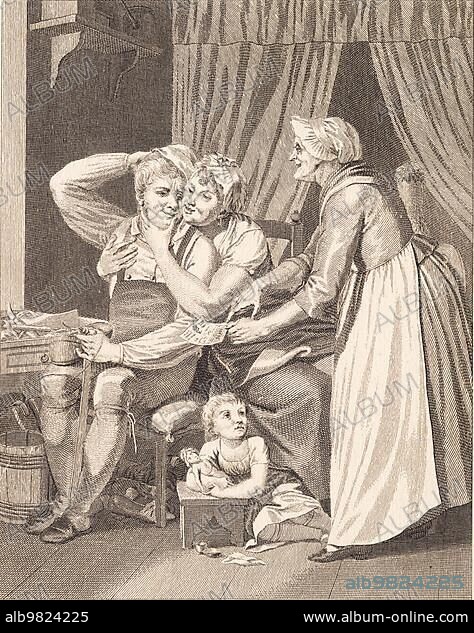 Gambling; Raffle; The lottery ticket; The woman has bought a lottery ticket and shows it to the family; Family scene in France around 1850; Historic; digitally restored reproduction from a 19th century original.