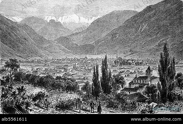 Bozen und der Rosengarten im Hintergrund, Südtirol, Italien, 1870, digital restaurierte Reproduktion einer Originalvorlage aus dem 19. Jahrhundert.