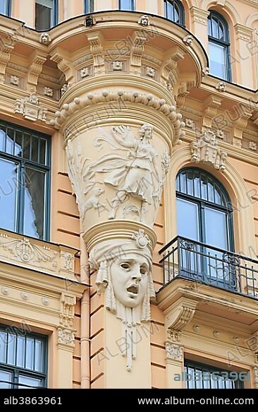 Art Nouveau facade of the house Alberta iela 13 or Albert Street 13, architect Mikhail Eisenstein, Riga, Latvia, Europe.