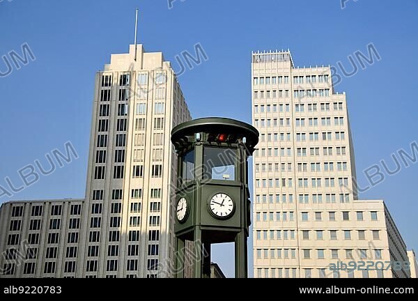 Germany's first traffic light, 1924, in front of the Beisheim Center on Potsdamer Platz, Berlin, Germany, Europe.