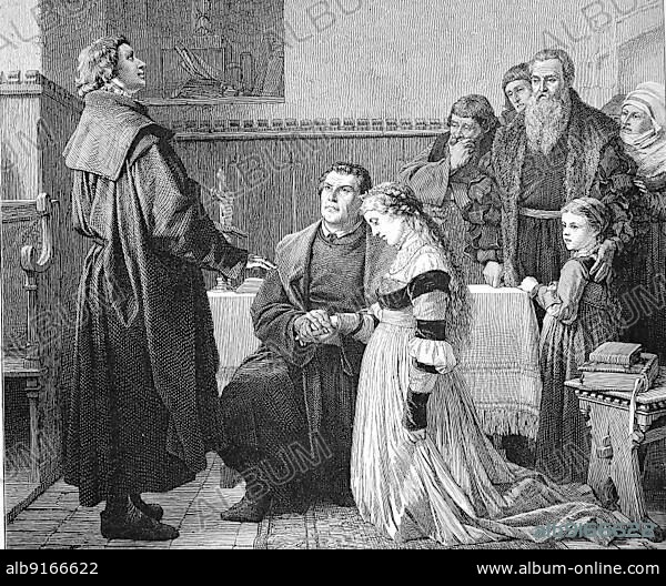 Martin Luther, his wedding. Marriage to Katharina von Bora, Historical, digitally restored reproduction of a 19th century original.