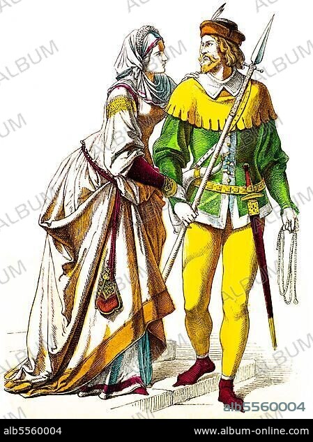 Münchener Bilderbogen, costumes, 14th century, German castle woman and knight in hunting dress, hunting, lance, sword, horn, Germany, robes, fashion, elegant, beard, portrait, historical illustration 1890, Europe.