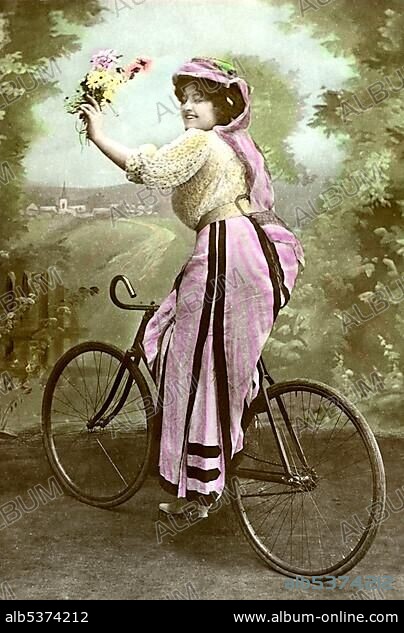 Historical photo, woman on bicycle, ca. 1910.