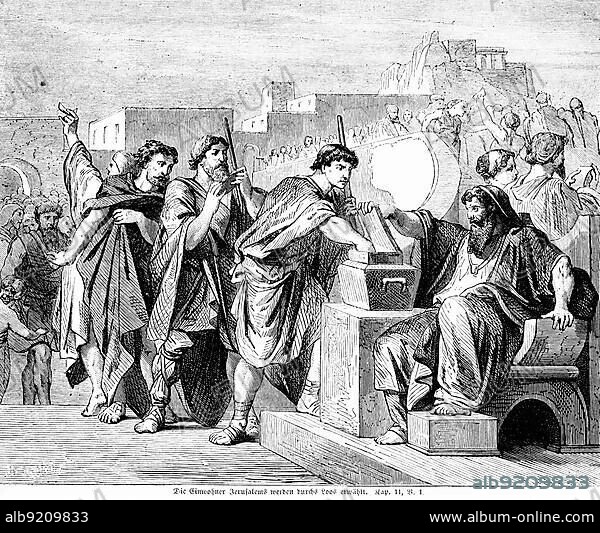 The inhabitants of Jerusalem are chosen by lot, Jerusalem, people, holy city, dwell, draw lots, crowd, chest, queue, Bible, Old Testament, The Book of Nehemiah, chapter 11, verse 1, historical illustration circa 1850.