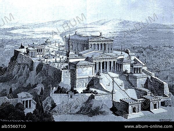 Eine Rekonstruktion der Akropolis von Athen, Griechenland, digitale verbesserte Datei eines Originaldrucks aus dem 19. Jahrhundert.