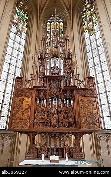 Holy Blood Altar by Tilman Riemenschneider, Jacob's Church, Church of St. Jakob, Rothenburg ob der Tauber, Middle Franconia, Franconia, Bavaria, Germany, Europe.