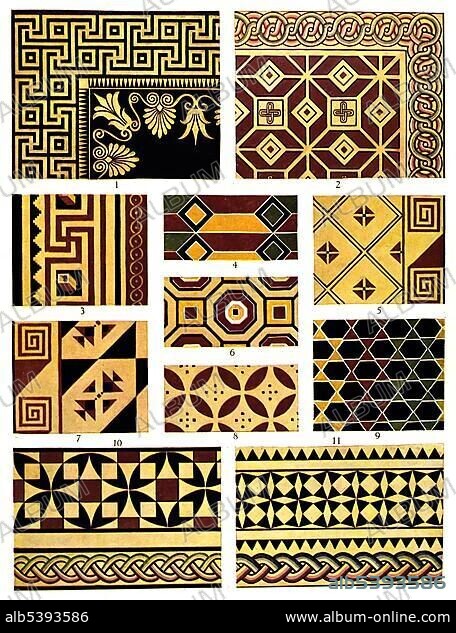 Historic illustration, Greek ornaments, marble mosaic floor.