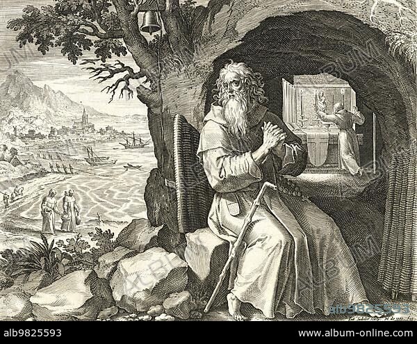 The hermit Fulgentius of Ruspe; Fabius Claudius Gordianus Fulgentius; born around 462; was Bishop of Ruspe and influential church writer and hermit; from Sylvae Sacrae by Rafael Sadeler (c. 1600); Historical; digitally restored reproduction from a 19th century original.