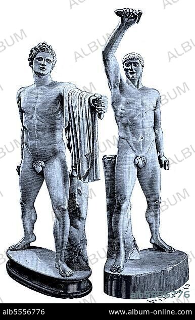 Die antike Statuengruppe wird Tyrannenmörder genannt, dargestellt sind Harmodios und Aristogeiton, sie töteten den Bruder des Tyrannen Hippias, Hipparch im Jahr 514 v. Chr. sie waren athenische Helden, deren Mut den Weg für die athenische Demokratie ebnete, die 477-76 v. gegründet wurde, heute im Archäologischen Nationalmuseum Neapel, Italien, digitale verbesserte Reproduktion eines Originaldrucks aus dem 19. Jahrhundert.