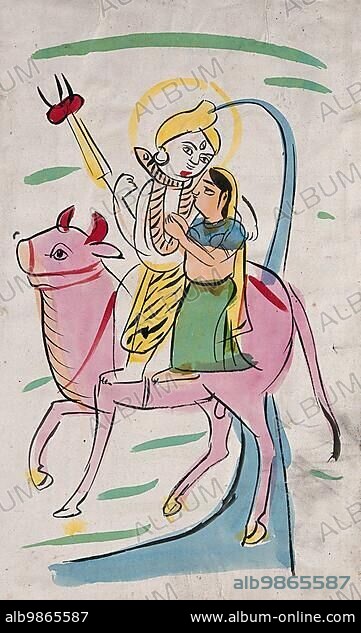 Shiva, one of the main Hindu gods, and Parvati riding a Nandi bull, 1890, East India, Bengal, Kolkata, Temple Kalighat, Historic, digitally restored reproduction from a 19th century original.