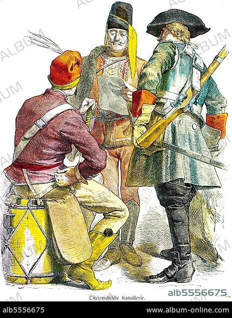 Münchener Bilderbogen, Kostüme, Österreichische Kavallerie, Österreich, Militär, drei Personen, Gewehr, Trommel, Porträt, Beginn 18. Jahrhundert, historische Illustration 1890.