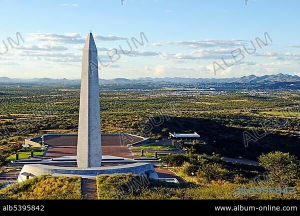 View from the Heroes Acre, heroes' field, memorial with marble obelisk to the heroes of the independence wars, over the Khomas plateau to the capital, Windhoek, Namibia, Africa.