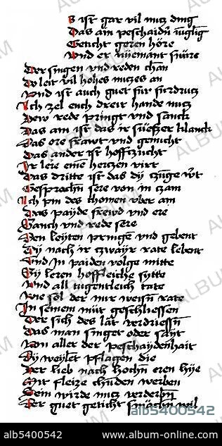 Historic print, manuscript, Partonopier and Meliur, poem by Konrad von Wuerzburg or Master Conrad, 1220-1230 - 1287, German poet, epic and didactic poet, minstrel, 13th Century, from the Illustrated Atlas of the History of German National Literature by Gustav Koennecke, 1887.