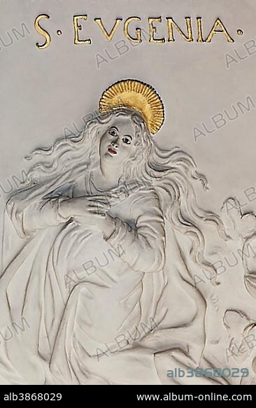 St. Eugenia, martyr, stucco relief, early baroque, Church of St Andreas, Düsseldorf, Rhineland, North Rhine-Westphalia, Germany, Europe.