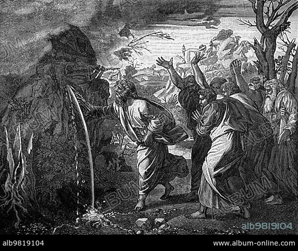 Miraculous Watering of the Children of Israel at the Rock in Horeb; Second Book of Moses; Chapter 17; Verses 1-6; Old Testament; Bible; Drinking; Water; Fountain; Happiness; Joy; Landscape; Group; Children of Israel; Desert; Moses; Prophet; Aegapten; Staff; Historical Illustration 1890.